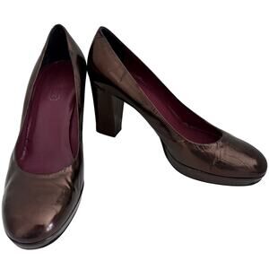 COACH Bronze Shiny Metallic Patent Leather Block Heel Pumps Shoe Round Toe Italy